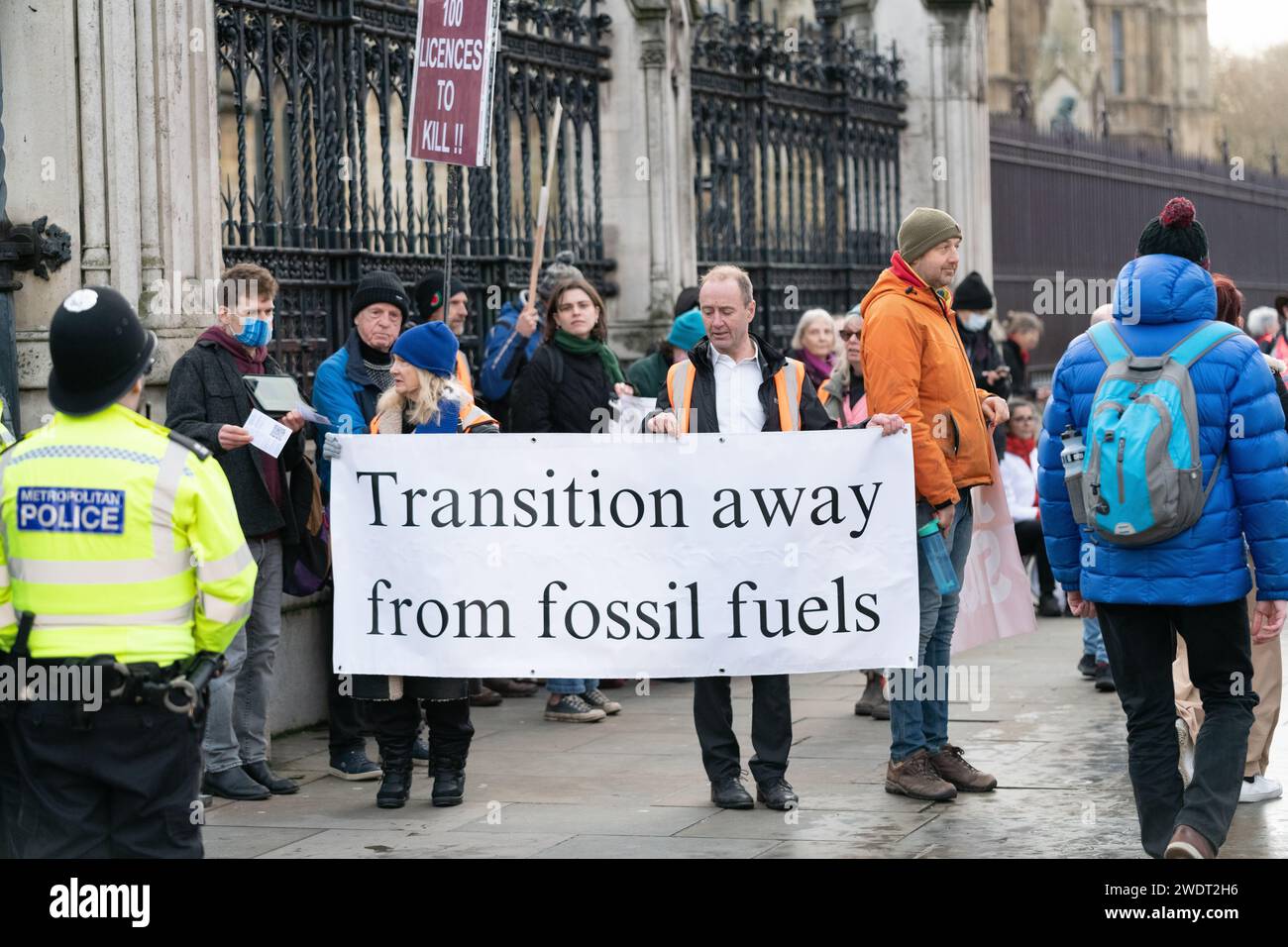 London, UK. 22 January, 2024. A coalition of climate activists, including Just Stop Oil, Fossil Free London and Extinction Rebellion, protest outside Parliament against the Offshore Petroleum Licences Bill ahead of its second reading in the House of Commons. Credit: Ron Fassbender/Alamy Live News Stock Photo