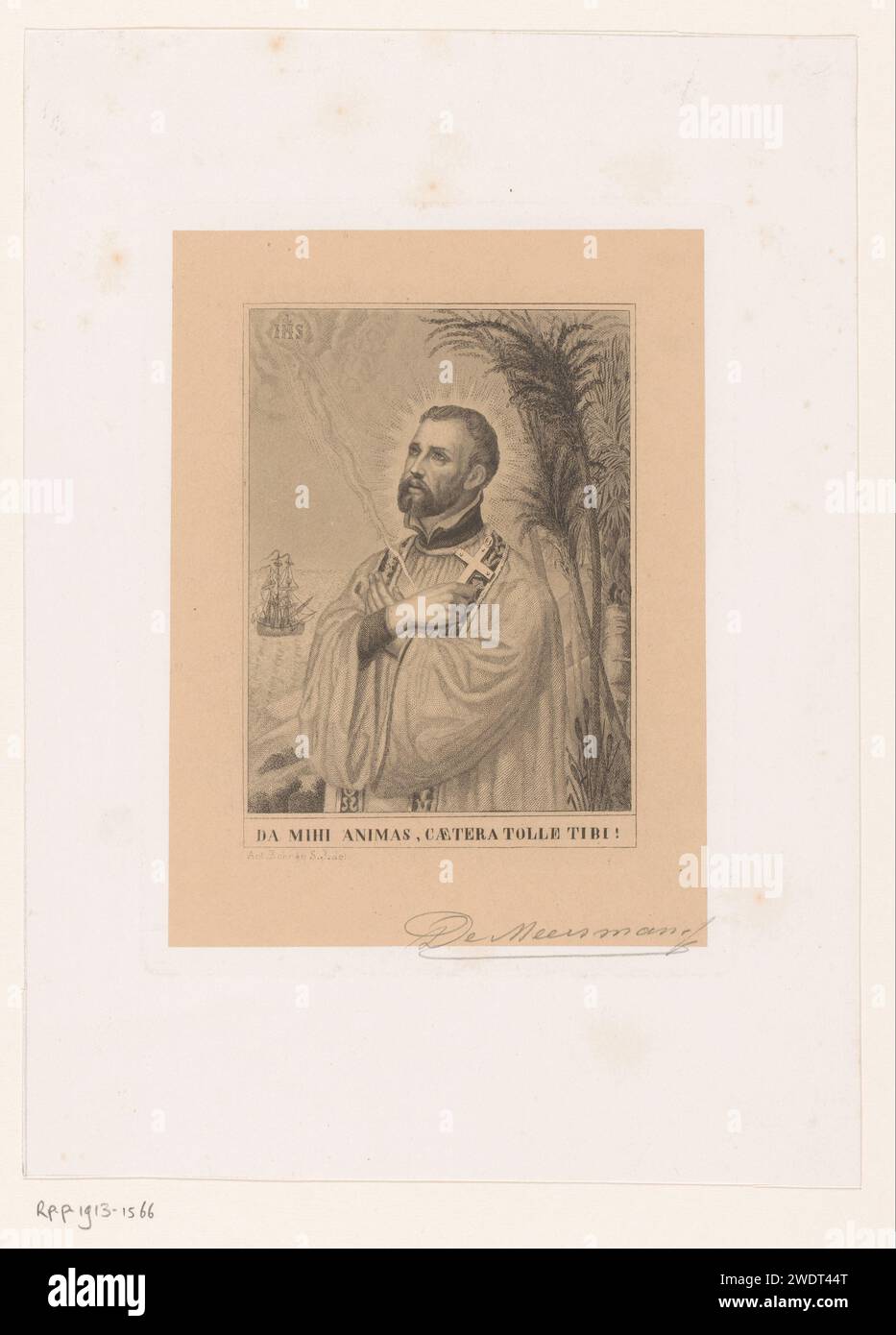 Portrait of Francis Xavier, François de Meersman, After Ant. Bohnen, 1840 - 1905 print   paper. etching the Jesuit missionary Francis Xavier; possible attributes: cross, crucifix, flaming heart, Indian, lily, torch. sailing-ship, sailing-boat. historical persons Stock Photo