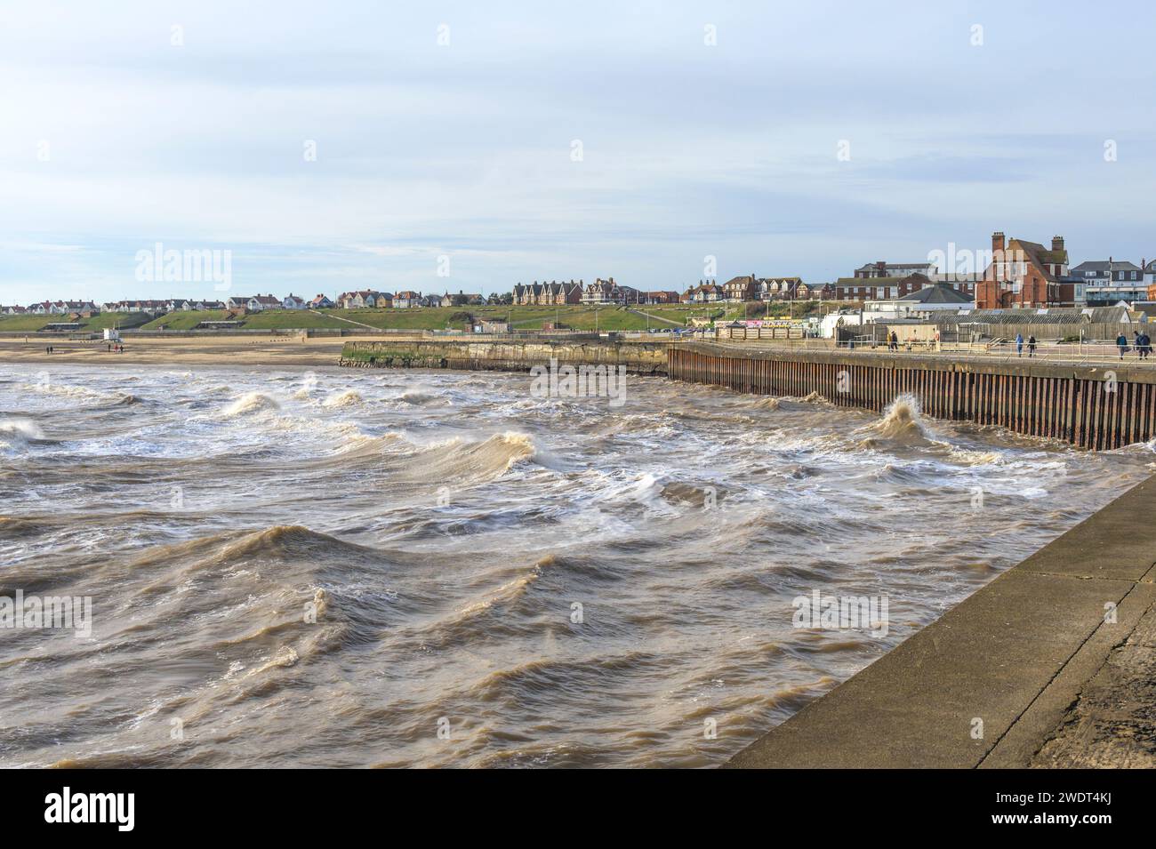 Gorleston-On-Sea, Norfolk, UK. The beach seen from the pier on a cold and windy day in January Stock Photo