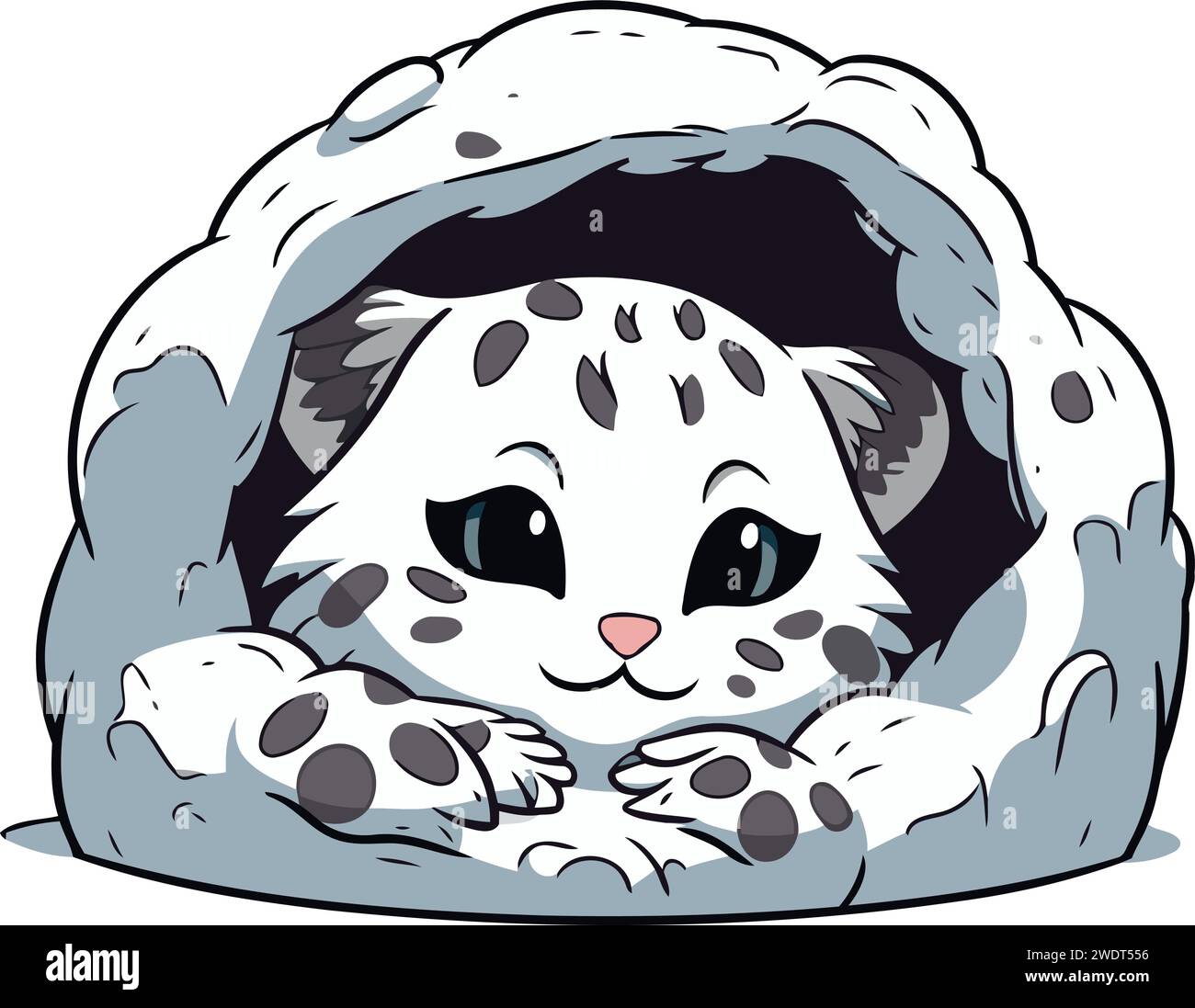 Cute cartoon snow leopard in a hood. Vector illustration. Stock Vector