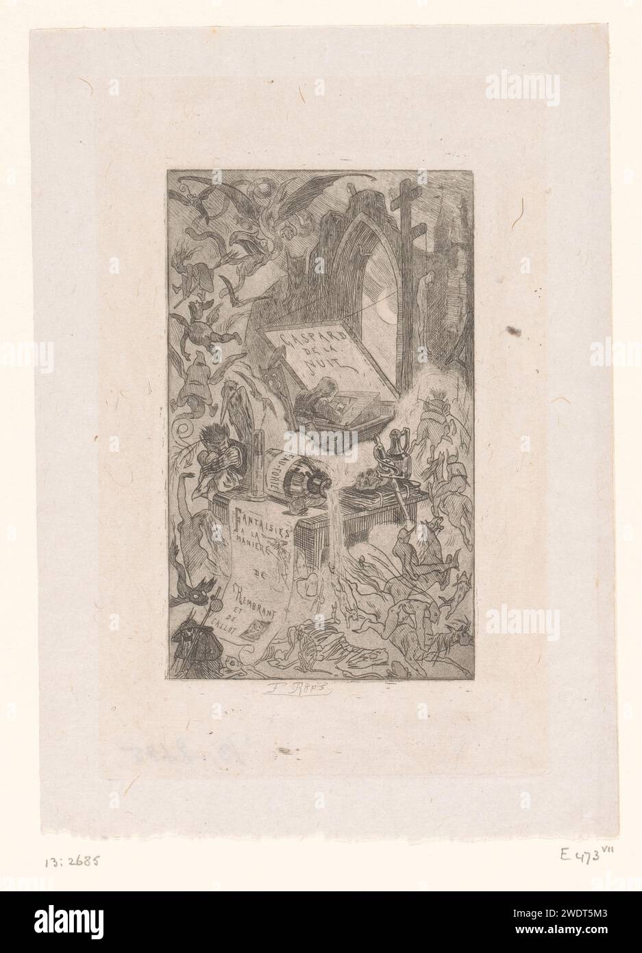 Devils, witches and samples appear from a fallen bottle acid, Félicien Rops, 1868 print   paper etching / drypoint witch, sorceress. devil(s) and demons. nightmare Stock Photo
