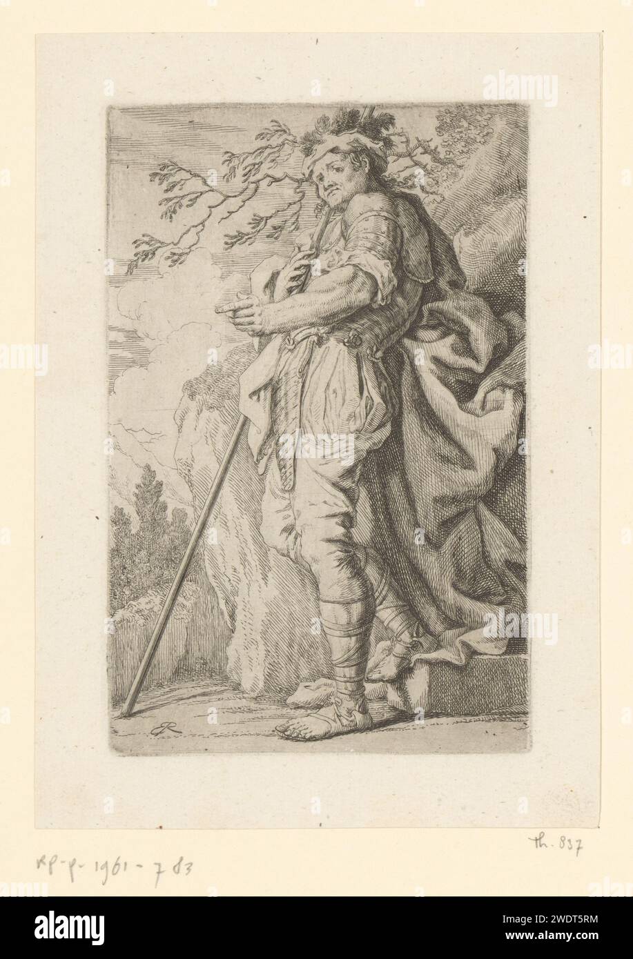 Warman with Lans leaning against Rock, Johann Elias Ridinger, 1728 print   paper etching the soldier; the soldier's life. helved weapons, polearms (for striking, hacking, thrusting): lance Stock Photo