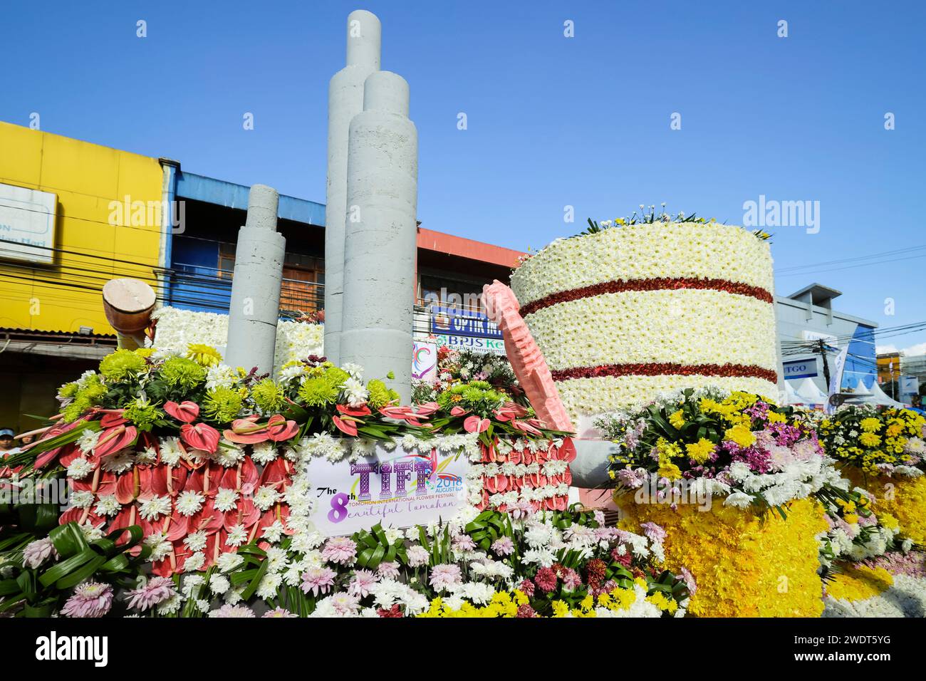 Float of Pertamina, the national energy company, at the annual Tomohon International Flower Festival parade Stock Photo
