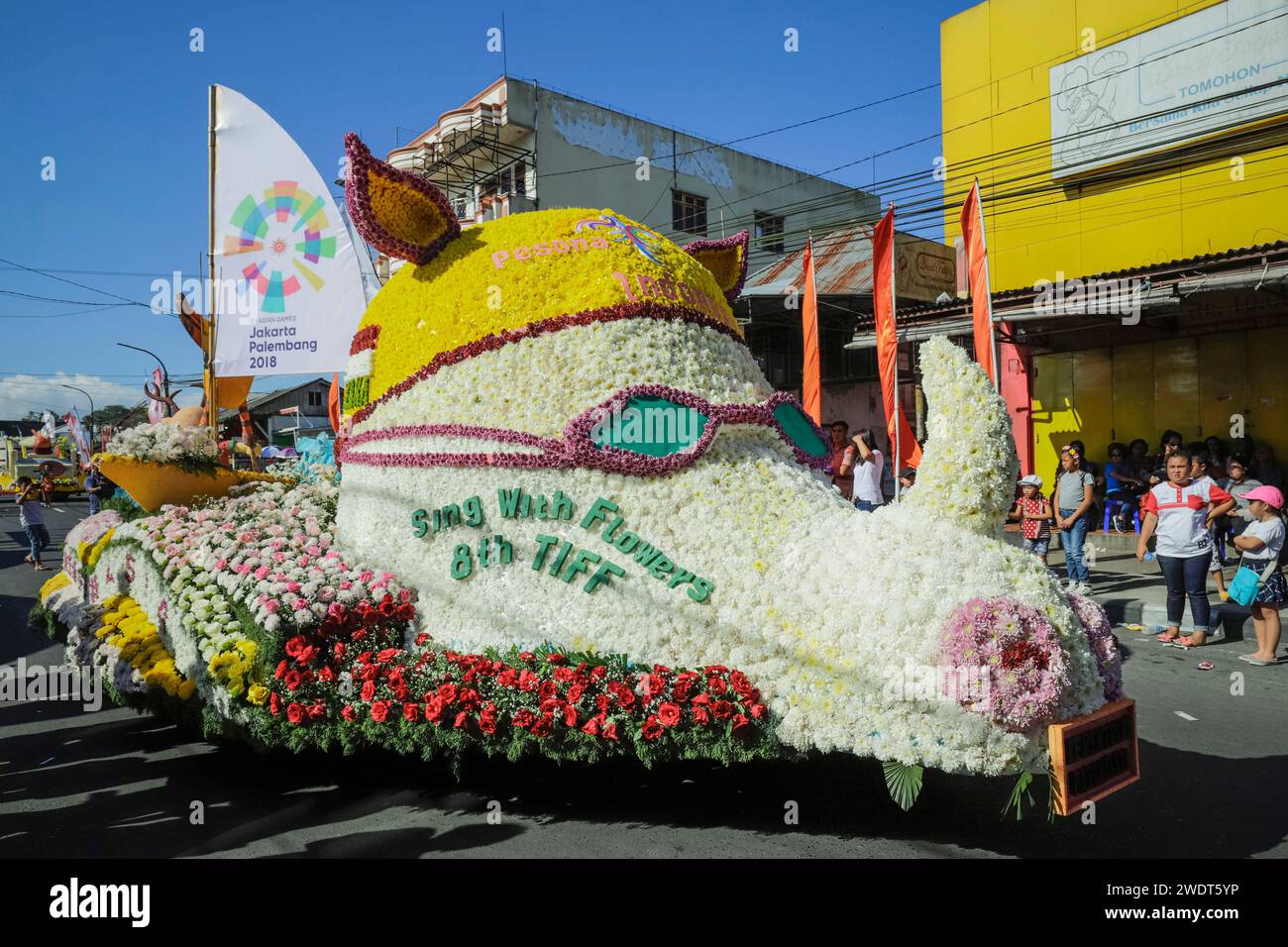 Indonesia float at the annual Tomohon International Flower Festival parade in city that is the heart of national floriculture, Tomohon Stock Photo