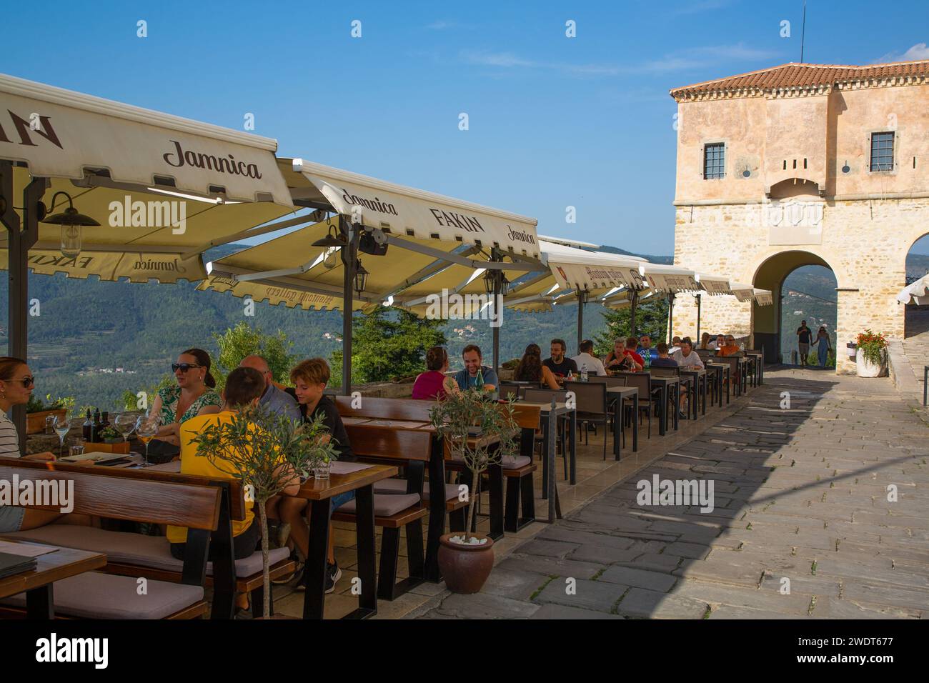 Hilltop Restaurant with City Gate, Motovun, Central Istria, Croatia, Europe Stock Photo