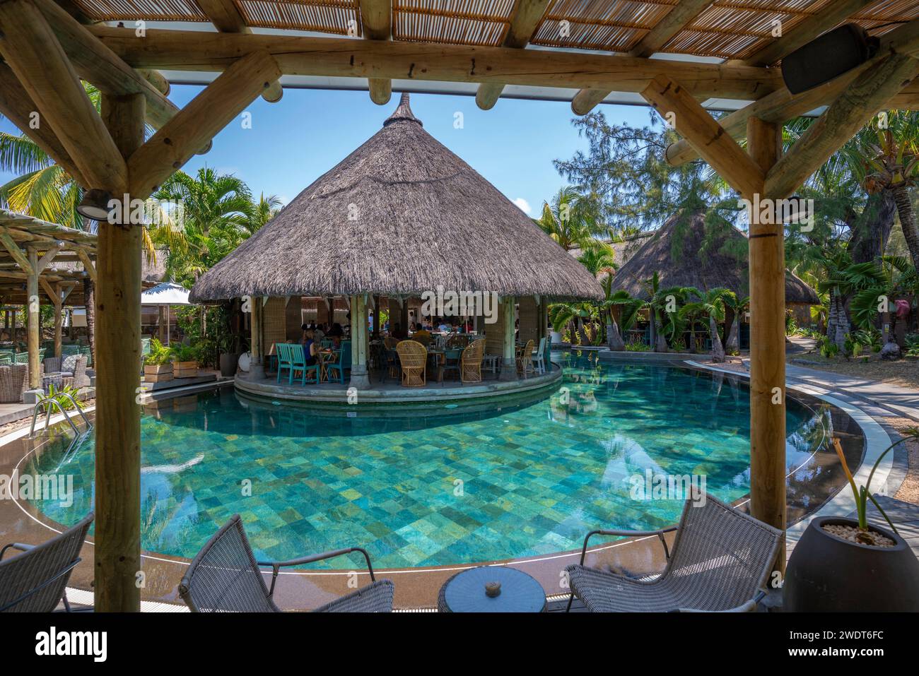 View of hotel pool and restaurant in Cap Malheureux, Mauritius, Indian Ocean, Africa Stock Photo