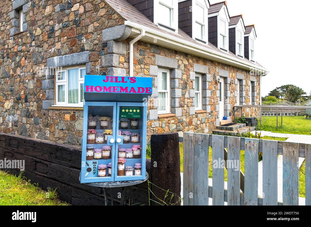 Honesty box with homemade products on the Isle of Sark, Channel Islands, Europe Stock Photo