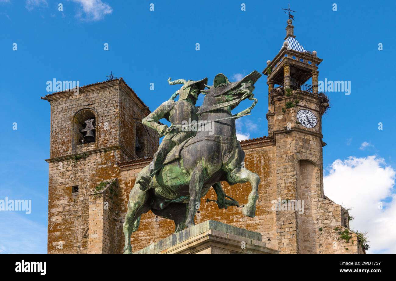 Statue of Francisco Pizarro, Spanish explorer and conqueror of Peru, in front of the Iglesia de San Martin (Church of San Martin) Stock Photo
