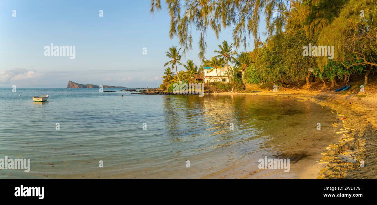 View of beach and turquoise Indian Ocean at sunset in Cap Malheureux, Mauritius, Indian Ocean, Africa Stock Photo