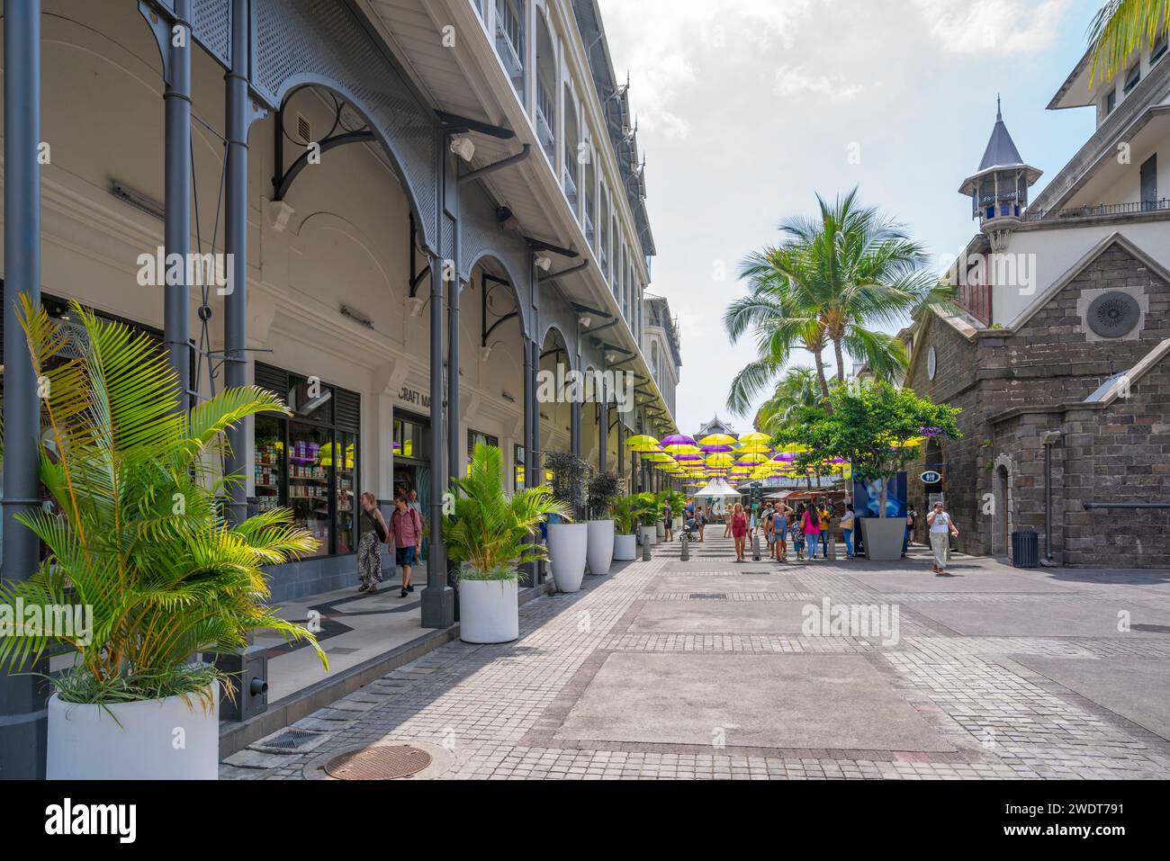 View of restaurants and shops at Caudan Waterfront in Port Louis, Port Louis, Mauritius, Indian Ocean, Africa Stock Photo