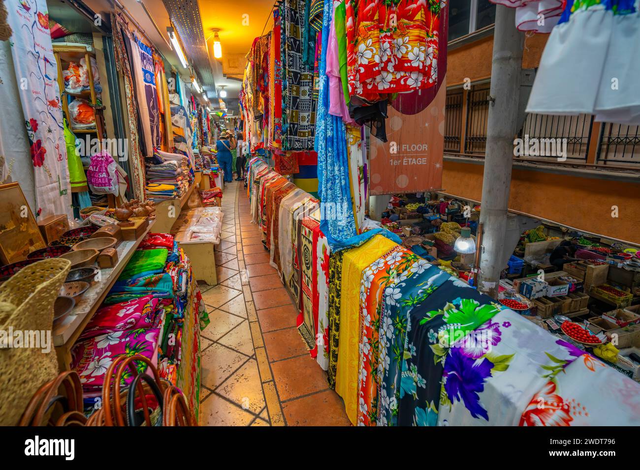 View of bright textiles and market stalls in Central Market in Port Louis, Port Louis, Mauritius, Indian Ocean, Africa Stock Photo