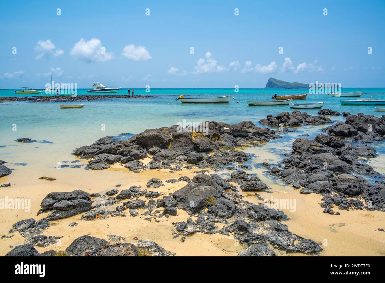 View of beach and turquoise Indian Ocean on sunny day in Cap Malheureux, Mauritius, Indian Ocean, Africa Stock Photo