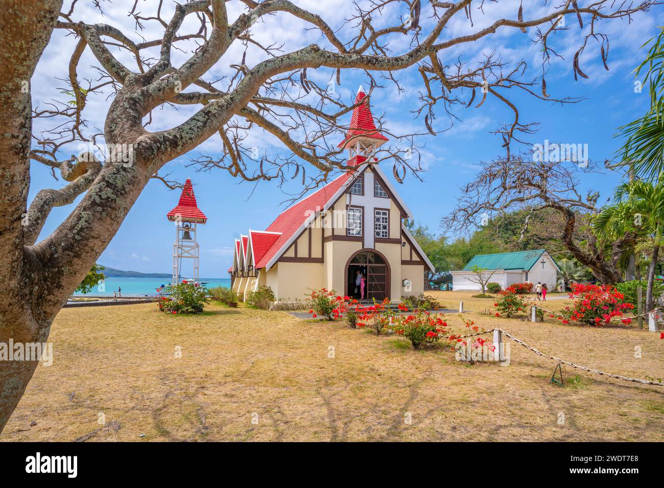 View of NotreDame Auxiliatrice de Cap Malheureux on sunny day in Cap Malheureux, Mauritius