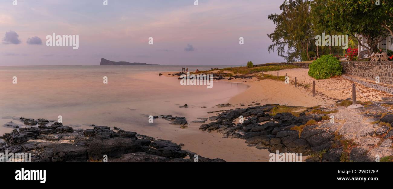 View of beach and Indian Ocean at sunset in Cap Malheureux, Mauritius, Indian Ocean, Africa Stock Photo