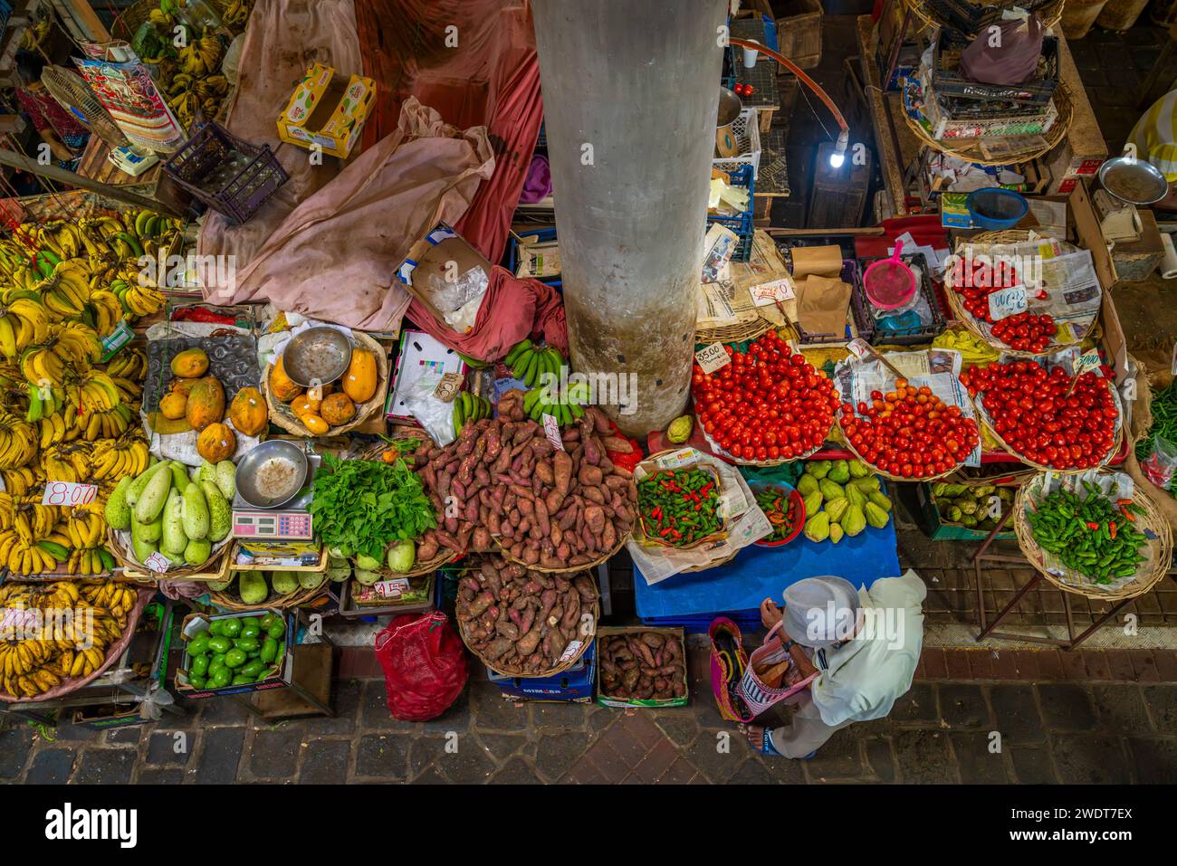 View of food produce and market stalls in Central Market in Port Louis, Port Louis, Mauritius, Indian Ocean, Africa Stock Photo
