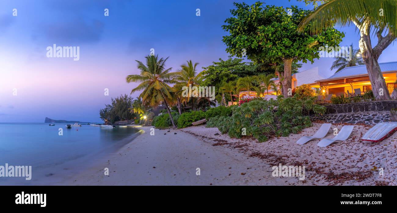 View of beach house at dusk in Cap Malheureux, Mauritius, Indian Ocean, Africa Stock Photo
