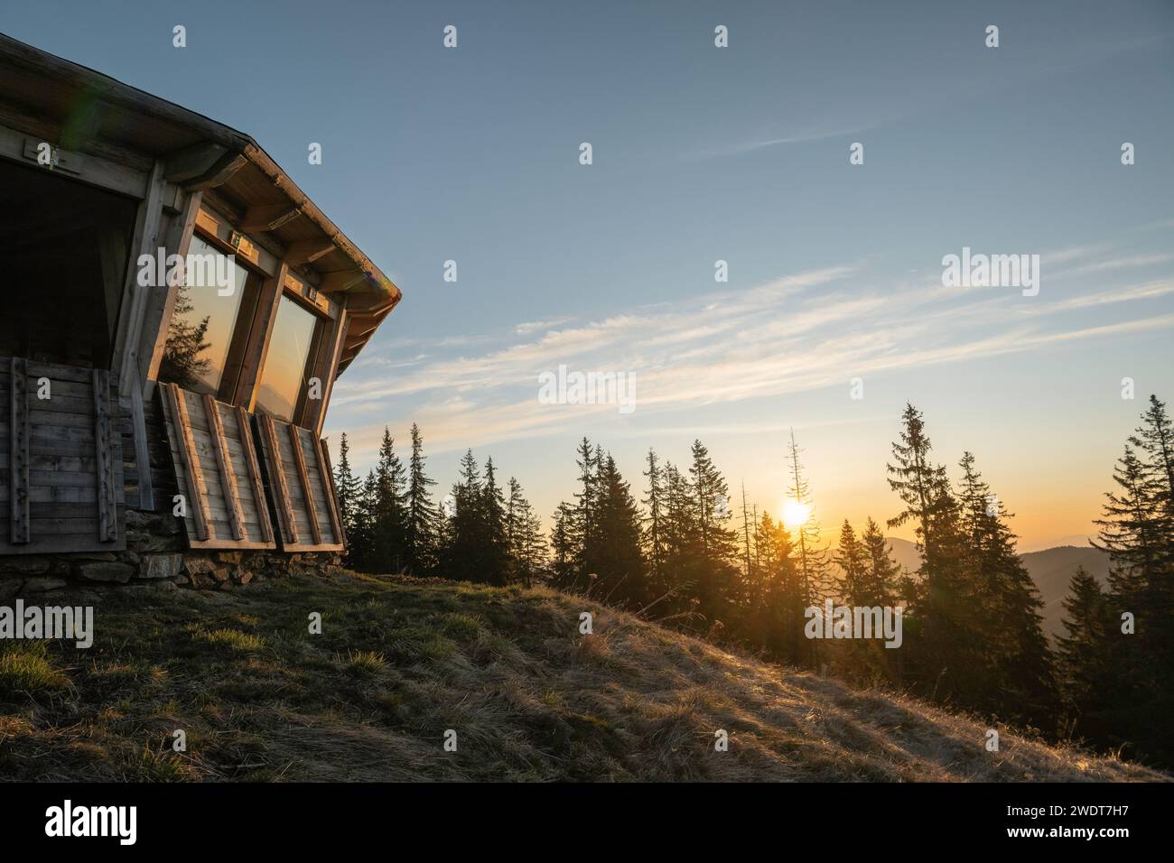 Comisu Wildlife Hide at dawn, Fagaras Mountains, Arges County, Muntenia ...