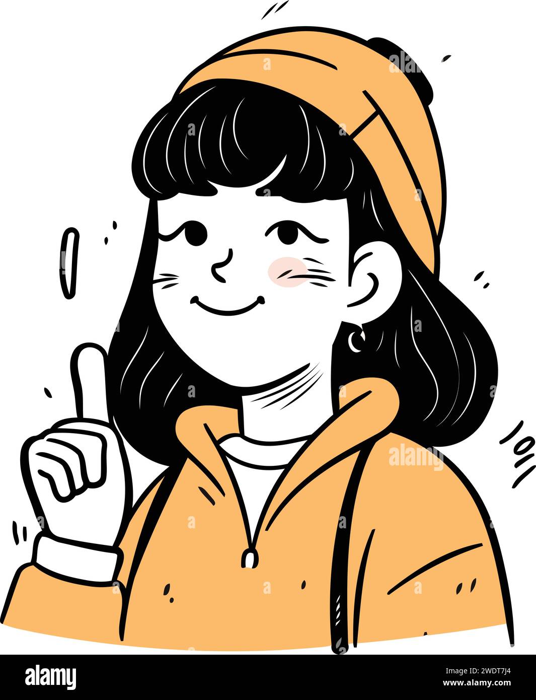 Young woman in yellow hoodie and orange cap pointing up. Vector