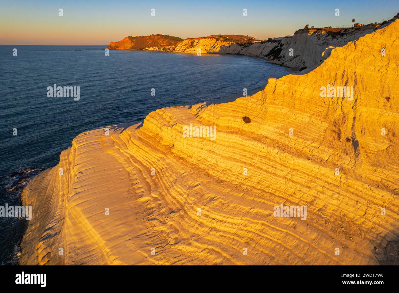 Aerial shot of Scala dei Turchi staircase seen from a drone at sunrise, Realmonte, Agrigento province, Sicily, Italy, Mediterranean, Europe Stock Photo