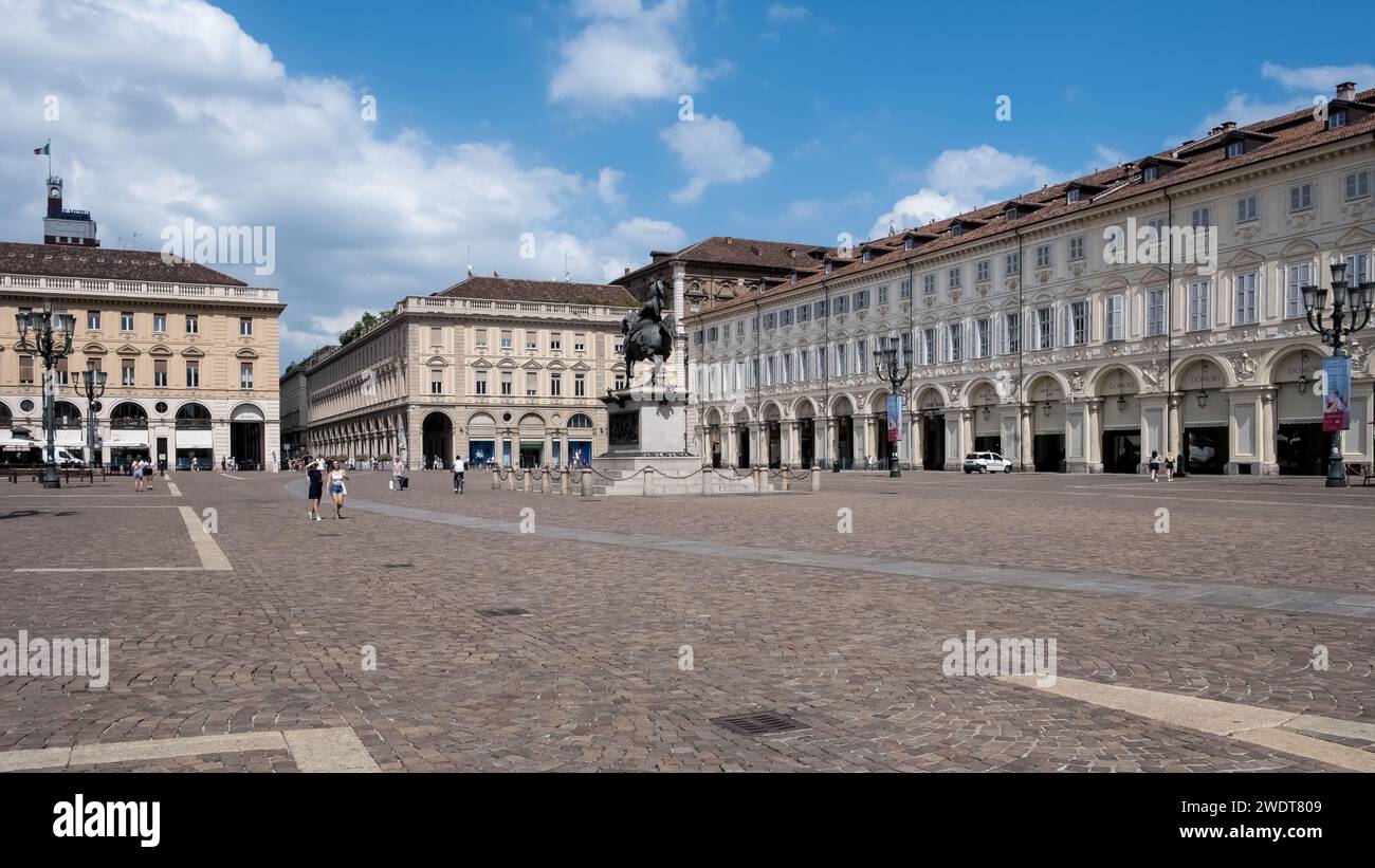 View of Piazza San Carlo, a significant square showcasing Baroque architecture and featuring the 1838 Equestrian monument of Emmanuel Philibert Stock Photo