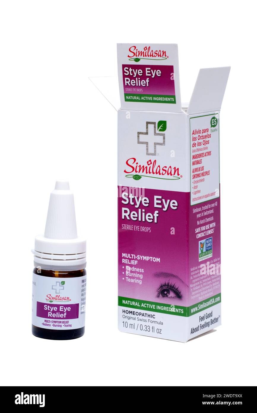 10 ml Similasan Stye Eye Relief eye drops and Box Stock Photo