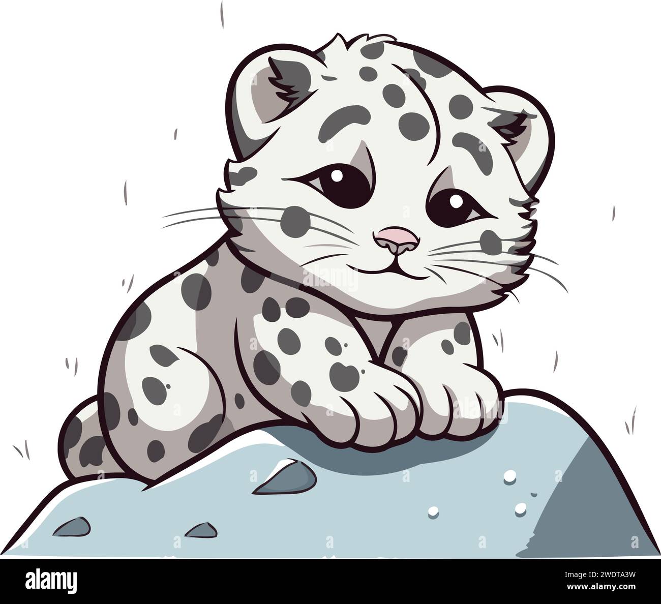 Cute snow leopard sitting on the rock. Vector illustration Stock Vector