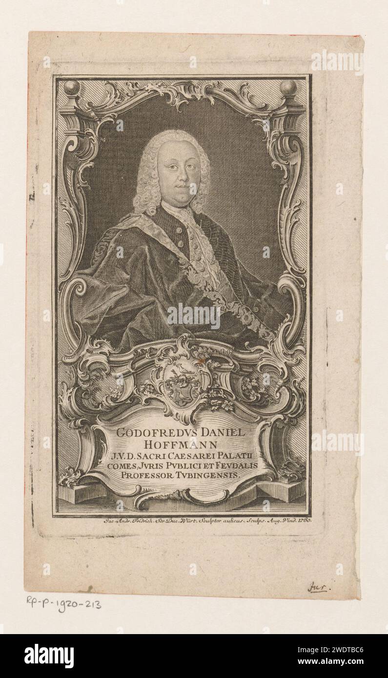 Portret van Gottfried Daniel Hoffmann, Jacob Andreas Fridrich (II), 1760 print  Augsburg paper engraving historical persons. armorial bearing, heraldry. rocaille ornament Stock Photo