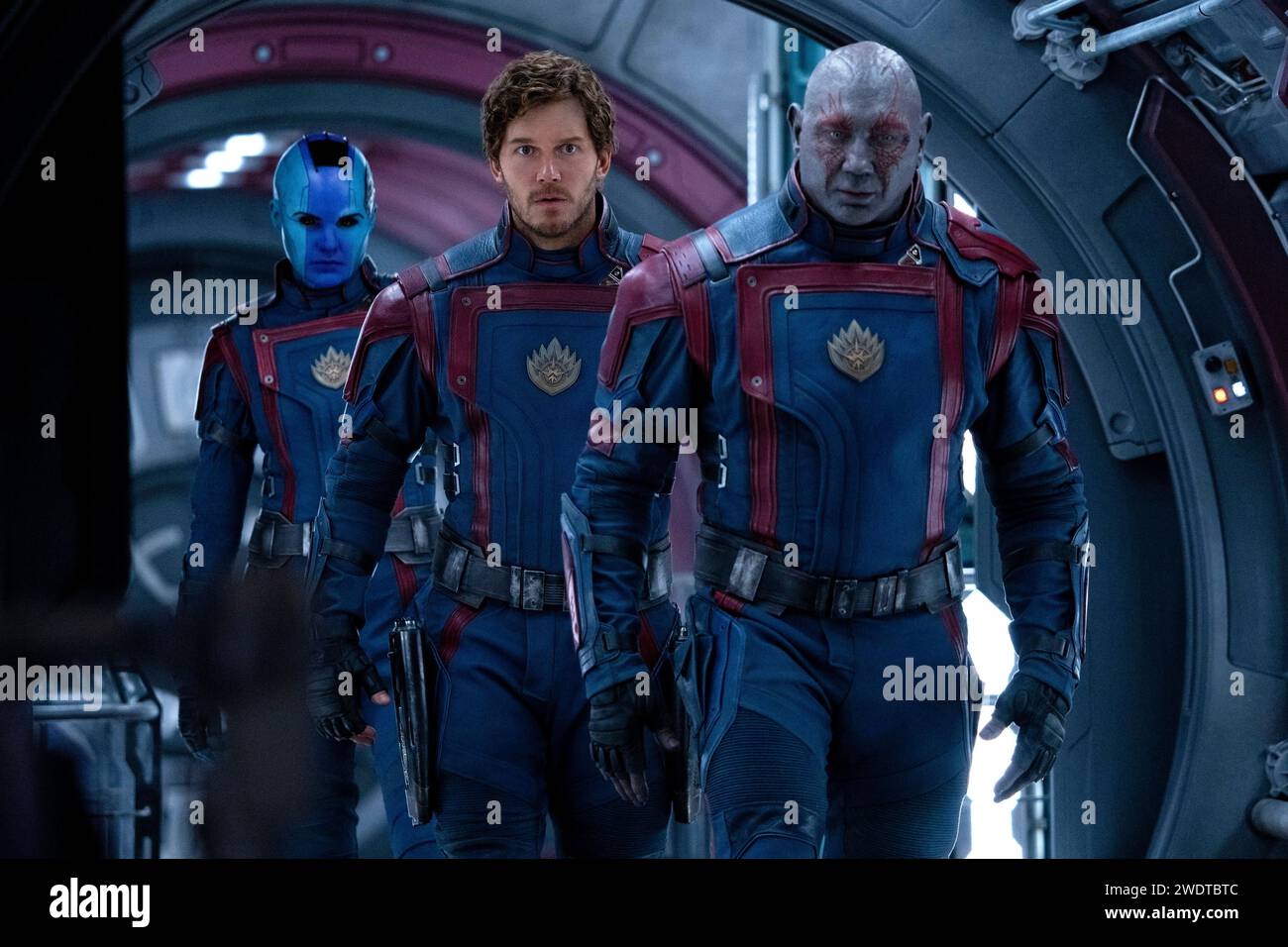 Guardians of the Galaxy Vol. 3 (2023) directed by James Gunn and starring Chris Pratt, Chukwudi Iwuji and Bradley Cooper. Still reeling from the loss of Gamora, Peter Quill rallies his team to defend the universe and one of their own - a mission that could mean the end of the Guardians if not successful. Publicity photograph ***EDITORIAL USE ONLY***. Credit: BFA / Jessica Miglio / Marvel Studios Stock Photo