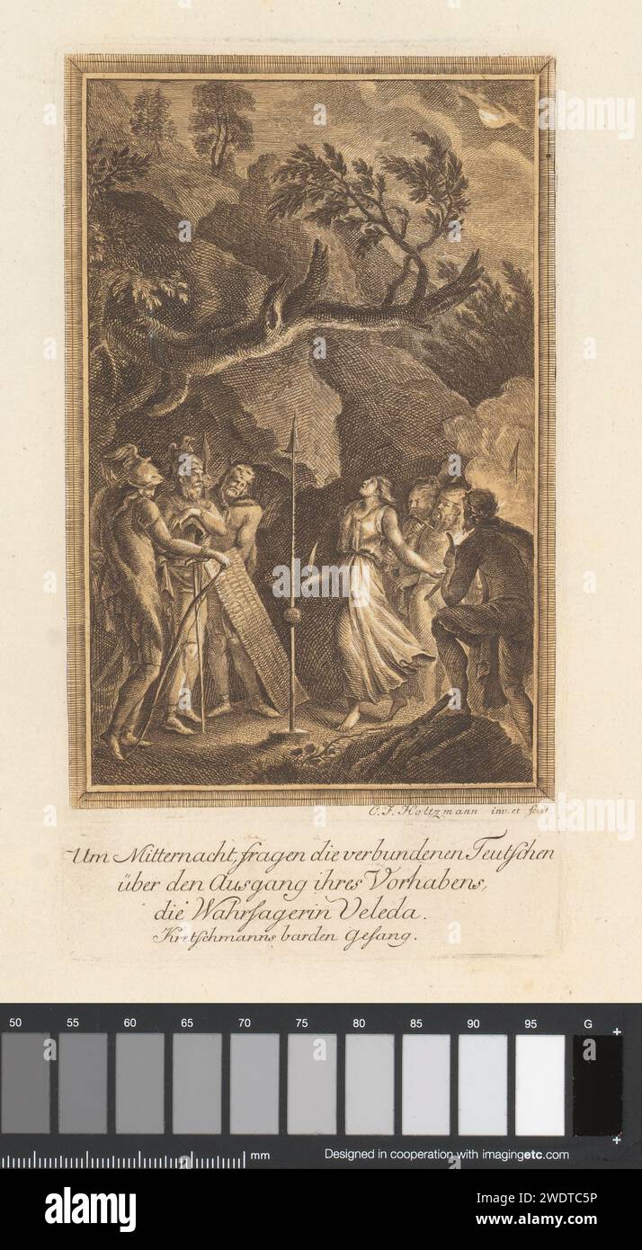 Consult German warriors fortune teller Veleda, Carl Friedrich Holtzmann, 1750 - 1811 print Text in German in the lower margin. Print is part of an album. Dresden paper etching symbolic representations, allegories and emblems  epic, narrative poetry Stock Photo