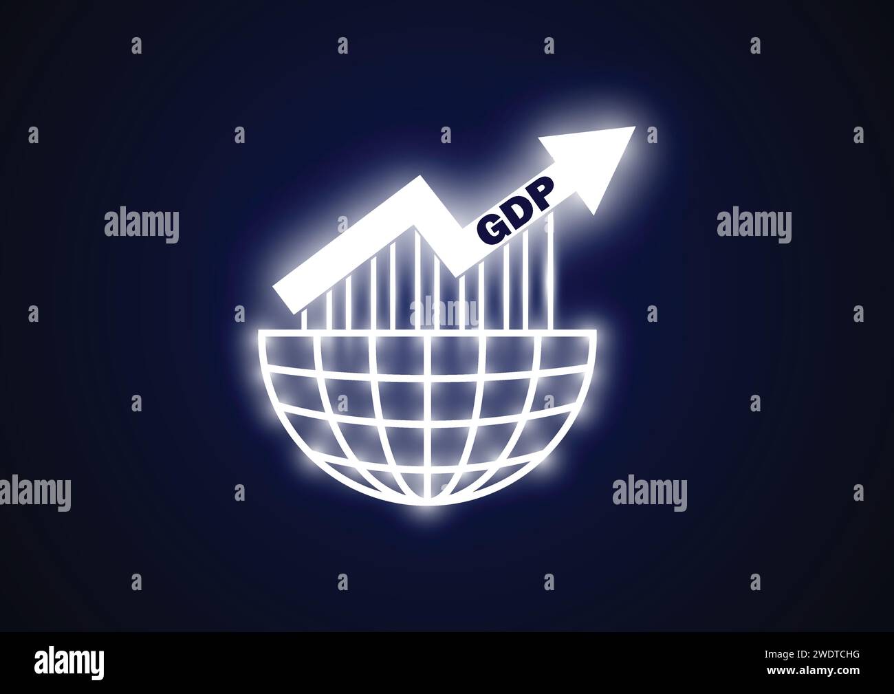 GDP business concept. Globe with GDP' Gross domestic product growth arrow on dark blue background. Vector illustration Stock Vector