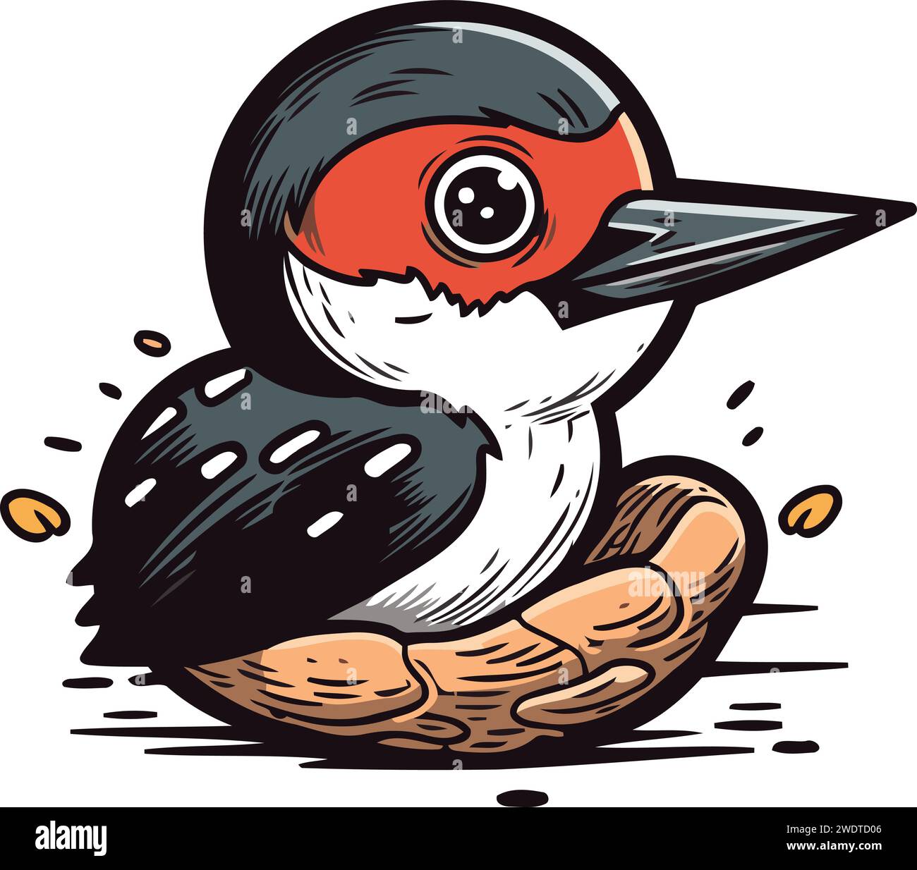 Cute cartoon woodpecker sitting on a nest. Vector illustration Stock