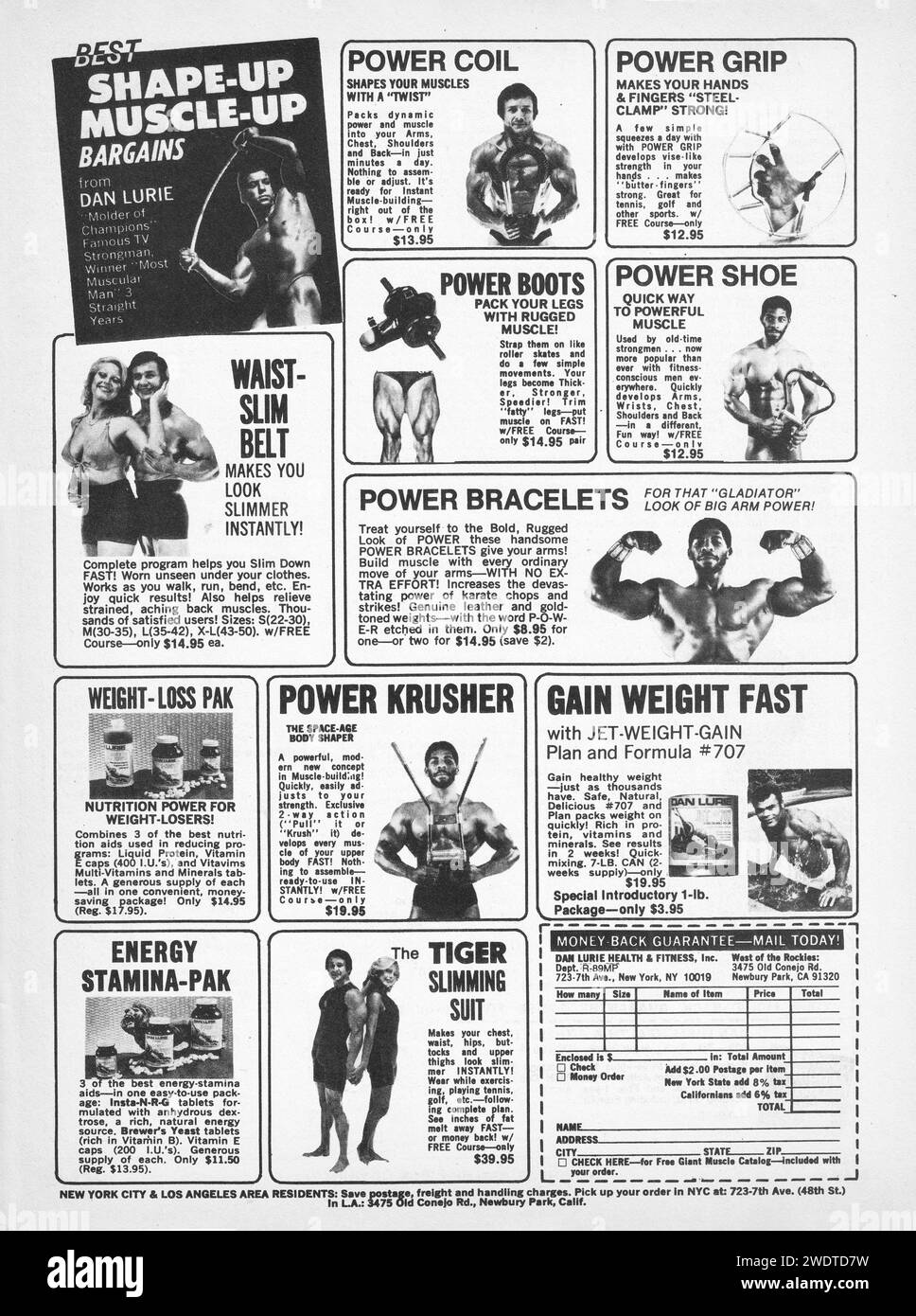 A full page ad from a late 1970s sports magazine for Dan Lurie bodybuilding and health products. Lurie was a pioneer in physical fitness and a successful businessman. Stock Photo