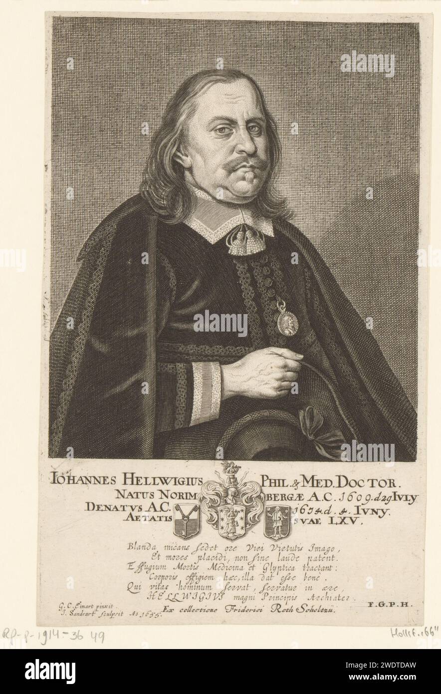 PortraT van Johann Hellwig, Jakob von Sandrart, after Georg Christoph Emmart (II), 1655 print   paper engraving historical persons. armorial bearing, heraldry. pendant, trinket, 'breloque' Stock Photo