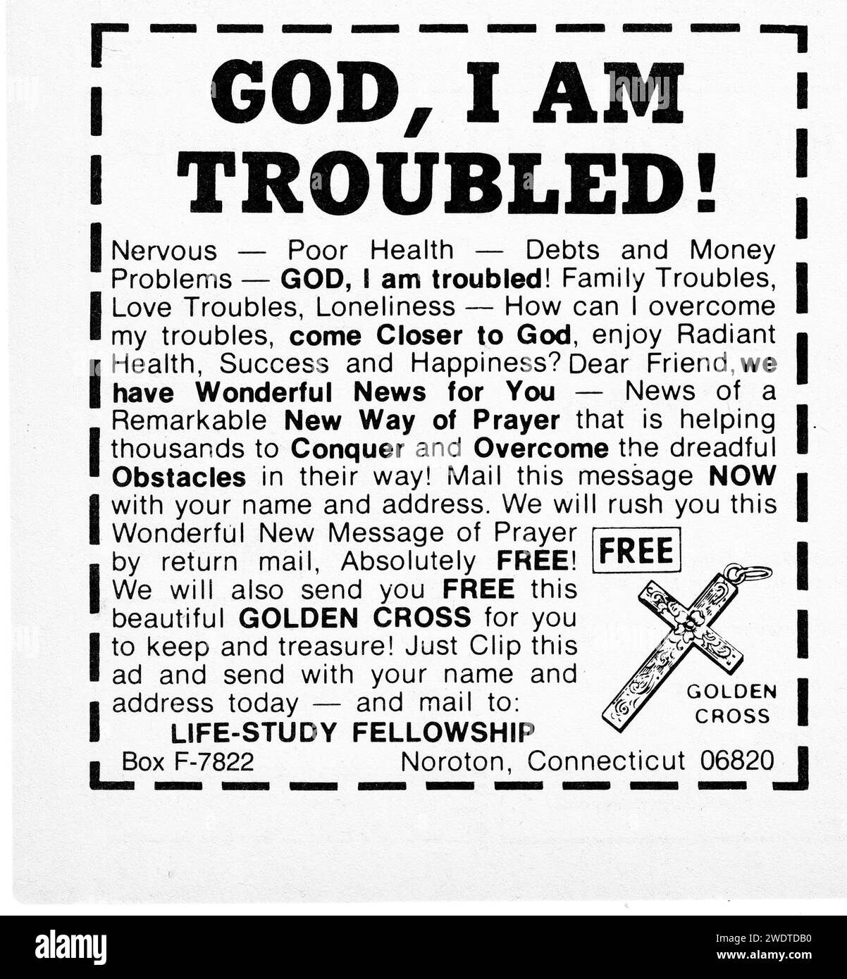 God I Am Troubled. An ad in a late 1970s sports magazine for a free prayer message. It's for t troubled readers along with a free golden cross. Sponsored by the still extant Life - Study Fellowship in Connecticut. Stock Photo