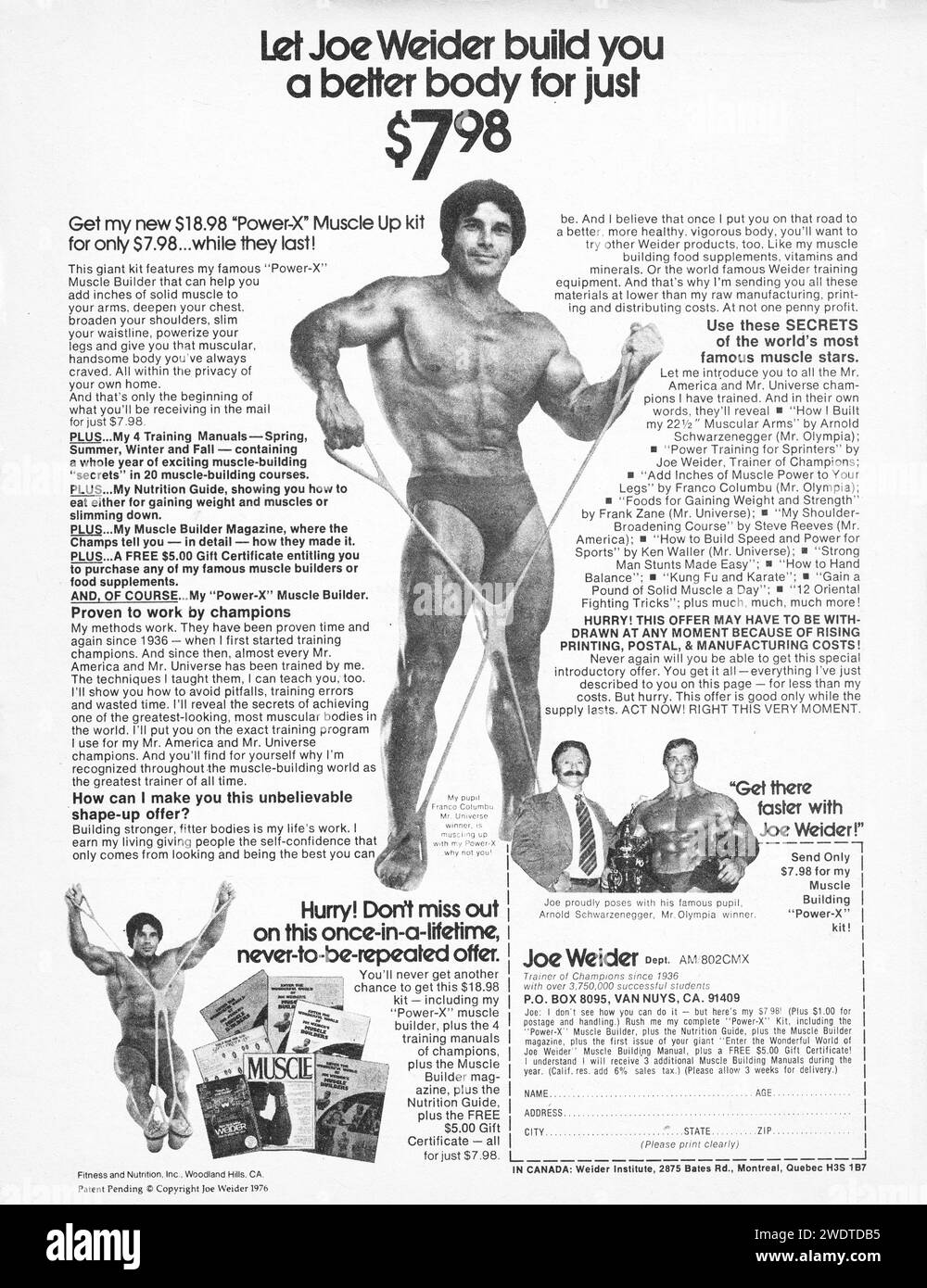 full page ad from a late 1970s sports magazine for Joe Weider bodybuilding equipment and books. It features Mr. Universe Franco Colombo & Mr. Olympia Arnold Scwarzenegger Stock Photo