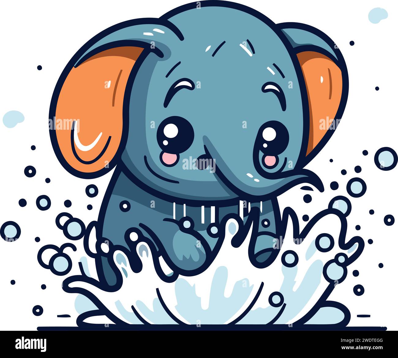 Cute little elephant with splashes of water. Vector illustration. Stock Vector