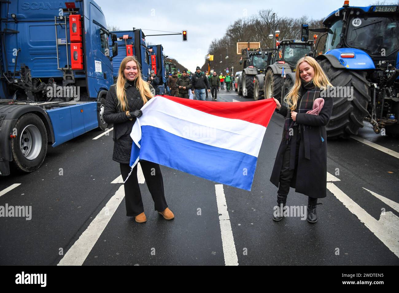 Berlin,Germany 15th january 2024.Over 10.000 farmers and others protested in Berlin at the Brandenburger Tor against government plans to cut subsidies and raise taxes.Raisa Blommestijn and Eva Vlaardingerbroek Stock Photo