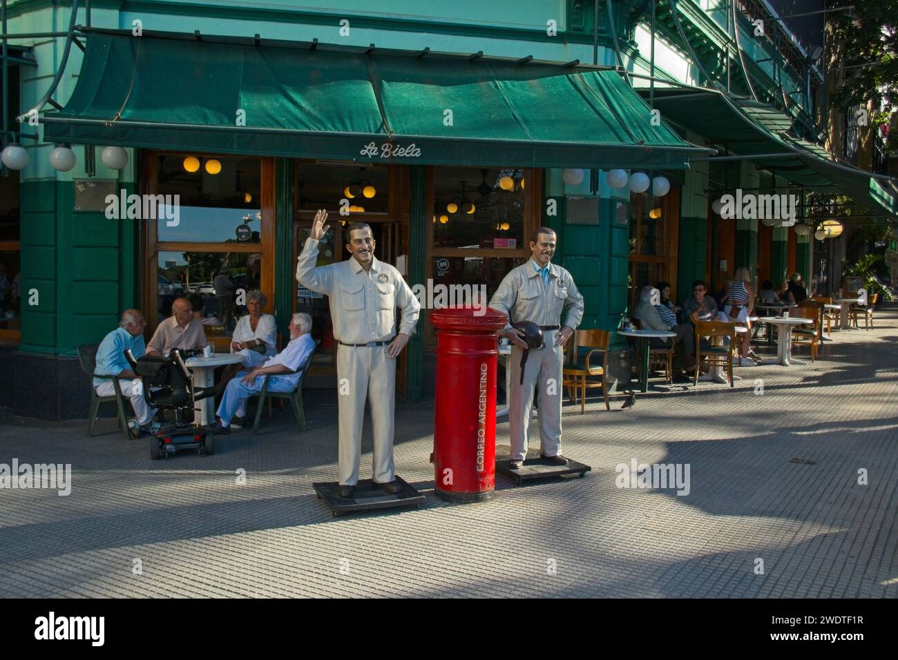 Buenos Aires, Argentina.  Outside La Biela cafe, in the heart of Recoleta, are life sized figures of famous racing drivers. Stock Photo
