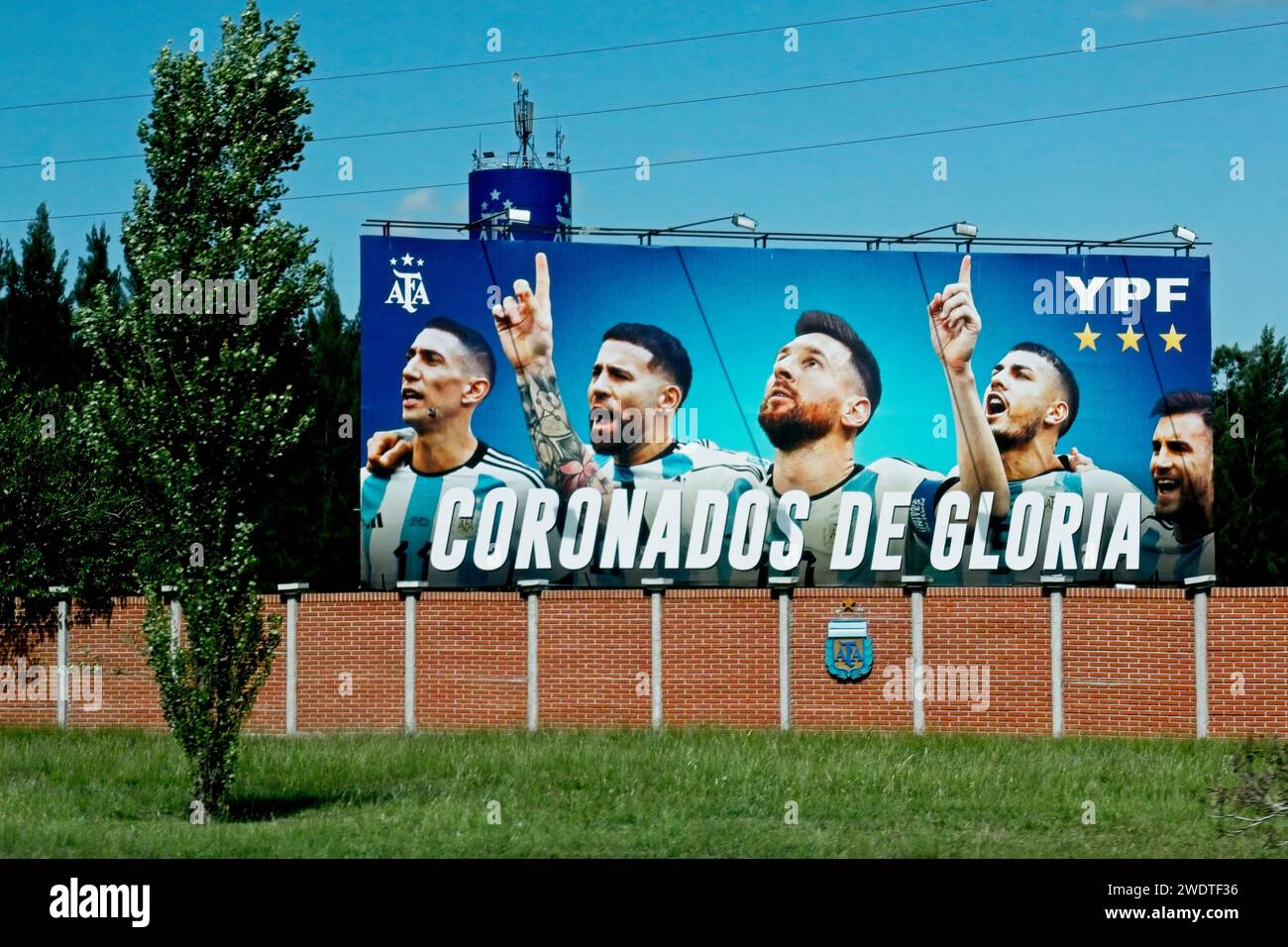 A huge 'Crown of Glory' billboard at the Argentinian Football Association headquarters featuring Lionel Messi Stock Photo