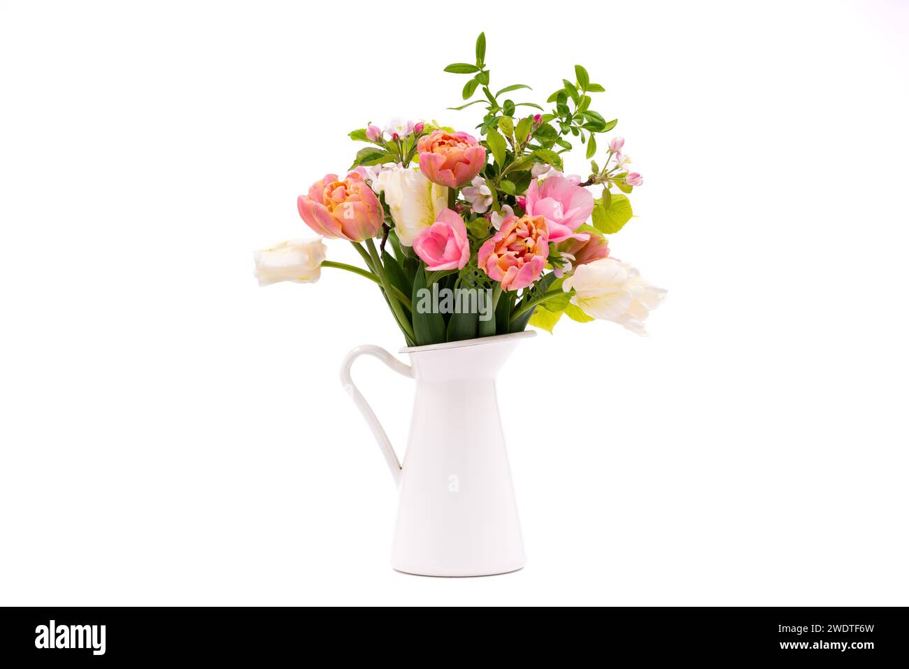 Elegant mixed pastel colored spring bouquet in white vase on white background. Spring flowers. Tulips bouquet. Stock Photo
