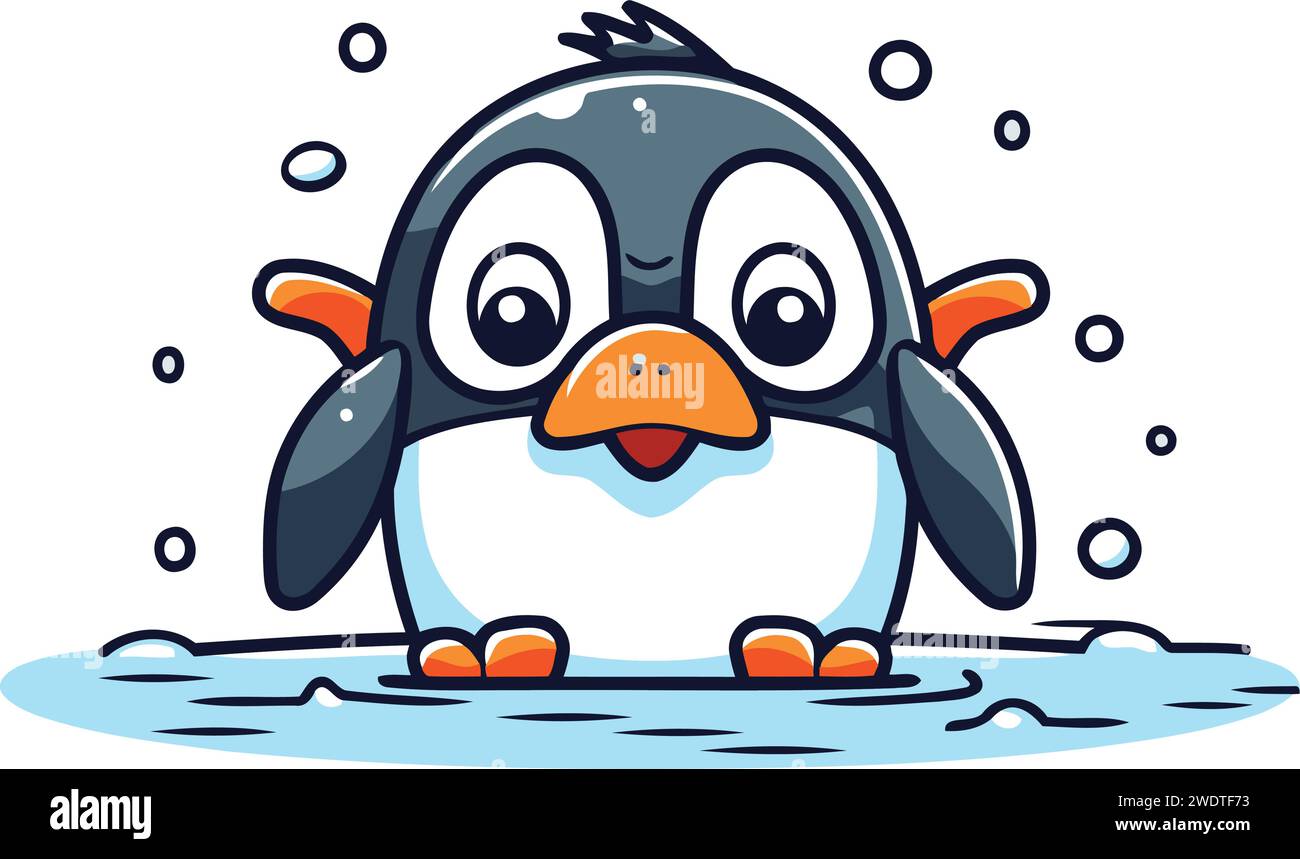 Cute cartoon penguin swimming in the water. Vector illustration Stock