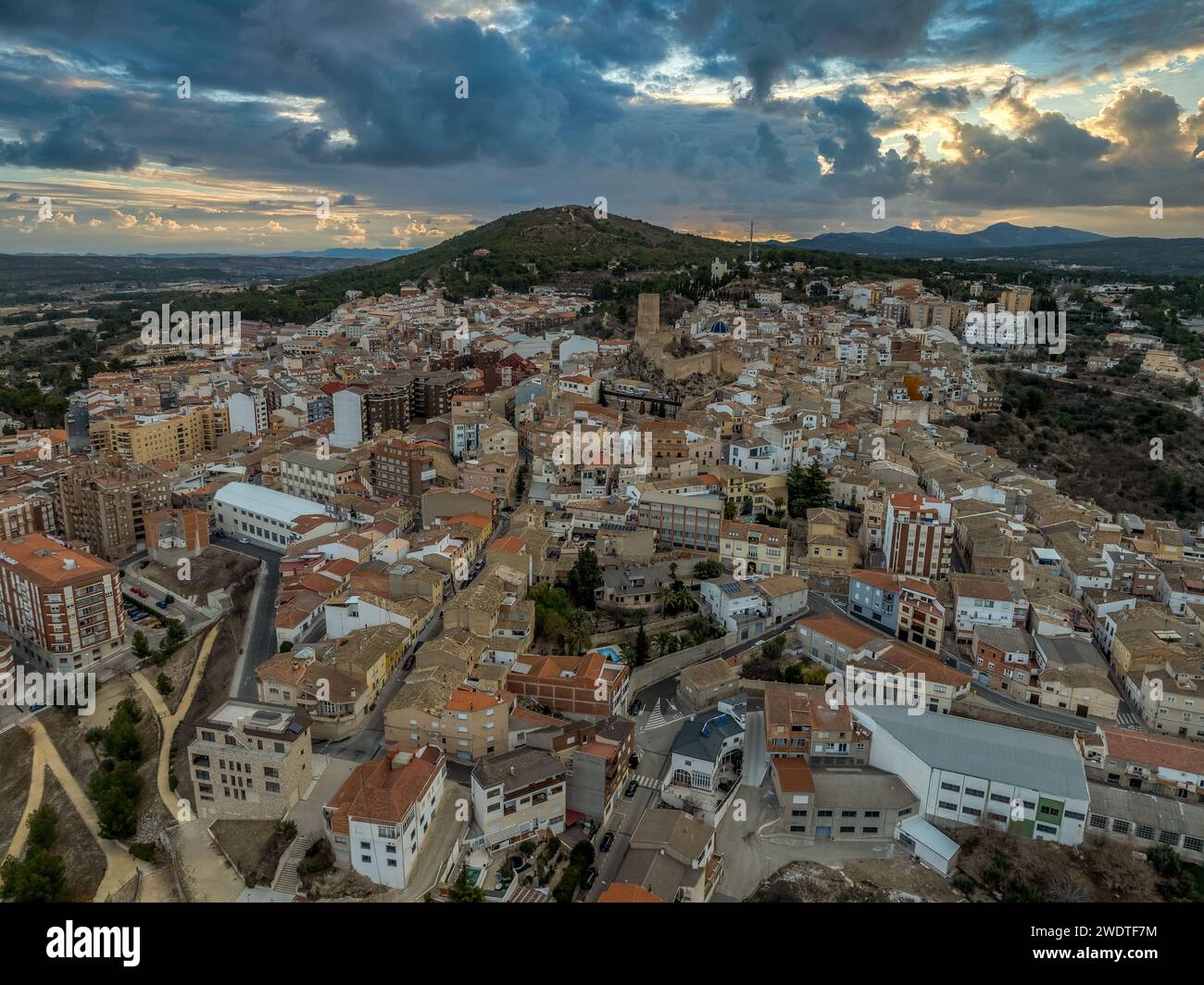 Aerial view of Banyeres town and castle with dramatic sky in Spain Stock Photo