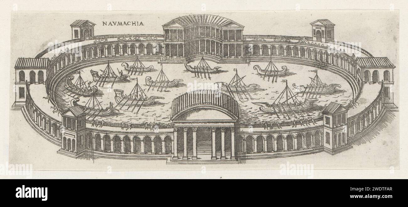 Naumachia, Jacques Androuet, 1584 print A sea fight (Naumachia) that was played in the Roman Empire by prisoners of war or to death in an amphitheater. The print is part of an album. print maker: Franceprinter: ParisFrance paper etching battle. theatre (building) - AA - open-air performances Stock Photo