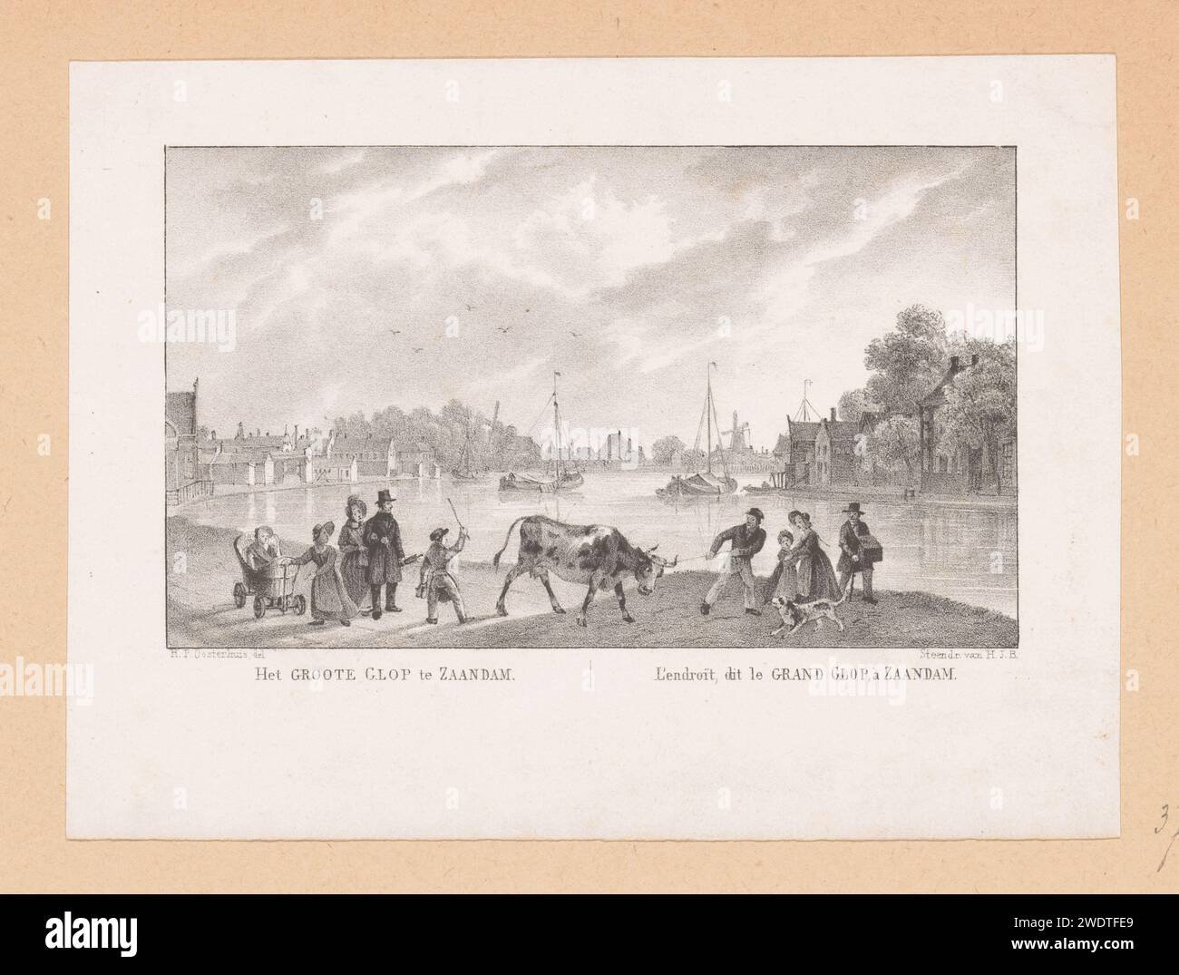 View of the big Glop in Zaandam with various figures, Hilmar Johannes Backer, Haatje Pieters Oosterhuis, 1842 print  Amsterdam paper  city-view, and landscape with man-made constructions. cow Zaandam Stock Photo