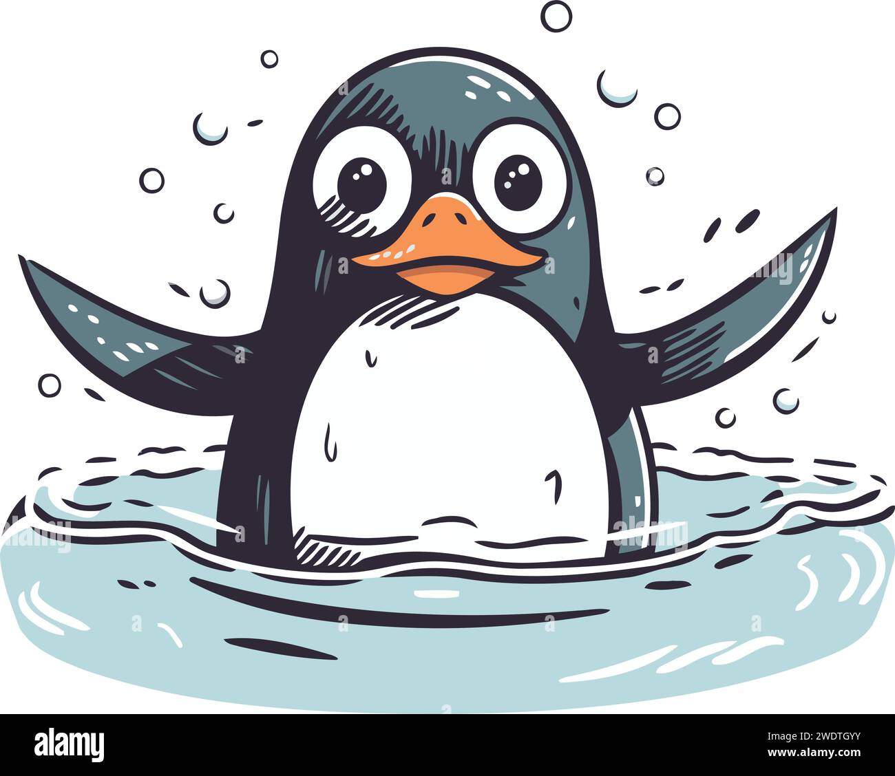 Cute penguin swimming in water. Hand drawn vector illustration Stock