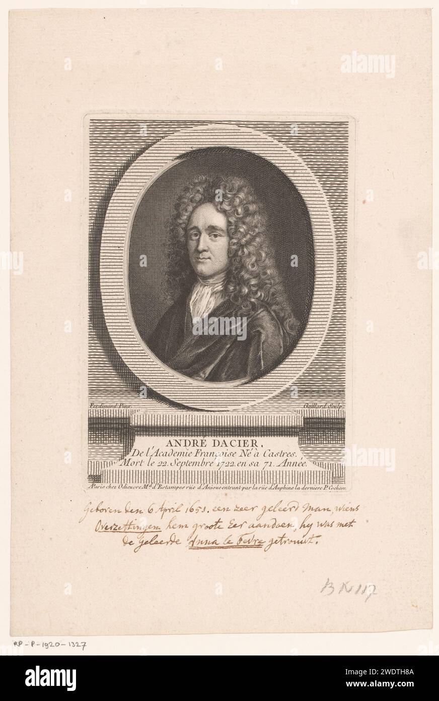 Portret van André Dacier, René Gaillard, After Louis Ferdinand I Elle, 1755 - 1765 print  Paris paper engraving historical persons Stock Photo