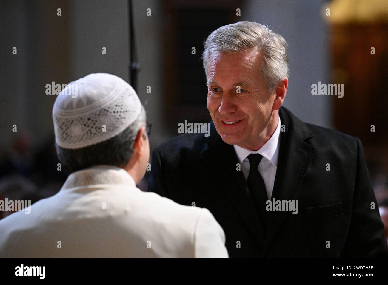 Berlin, Germany. 22nd Jan, 2024. Christian Wulff, former German President, before the start of the memorial service to mark the act of mourning for Wolfgang Schäuble in Berlin Cathedral. Schäuble died on Boxing Day. He has since been buried in his home town of Offenburg. Credit: Annegret Hilse/Reuters/Pool/dpa/Alamy Live News Stock Photo