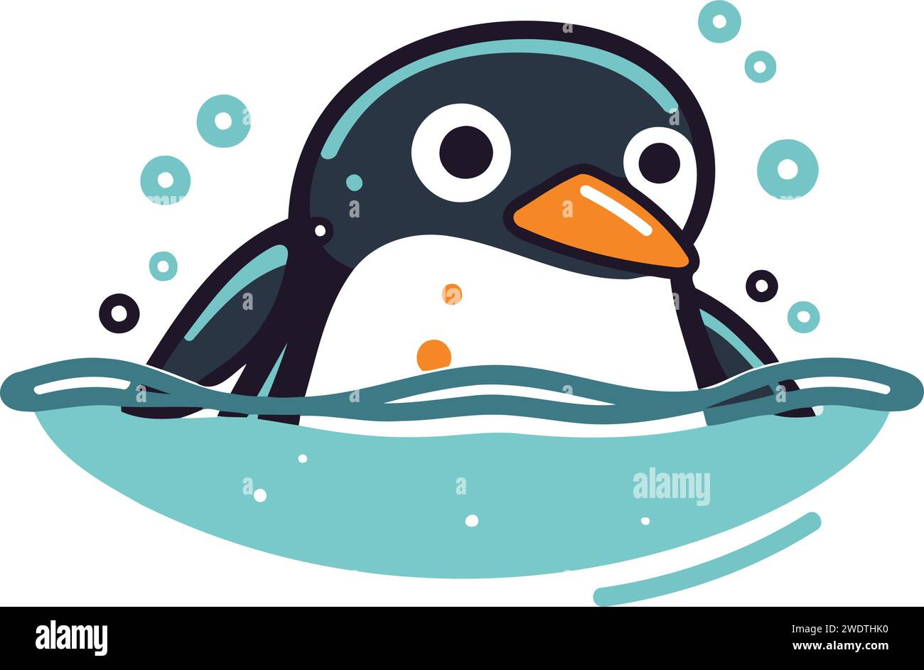 Cute cartoon penguin swimming in the sea. Vector illustration Stock