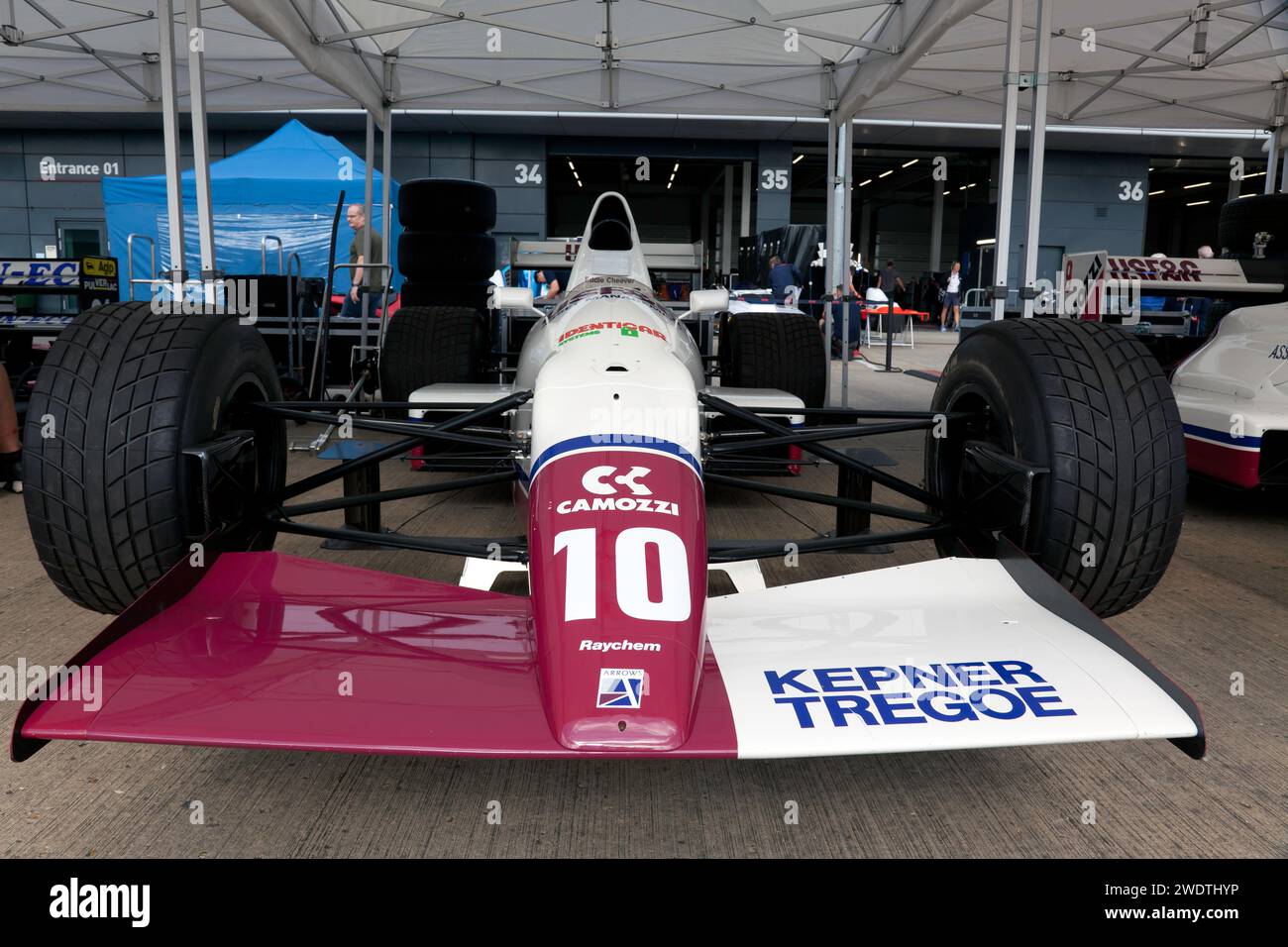 Front view of the White and Red, Arrows A11, driver, in period by Eddie Cheever, on Display at the 2023 Silverstone Festival Stock Photo