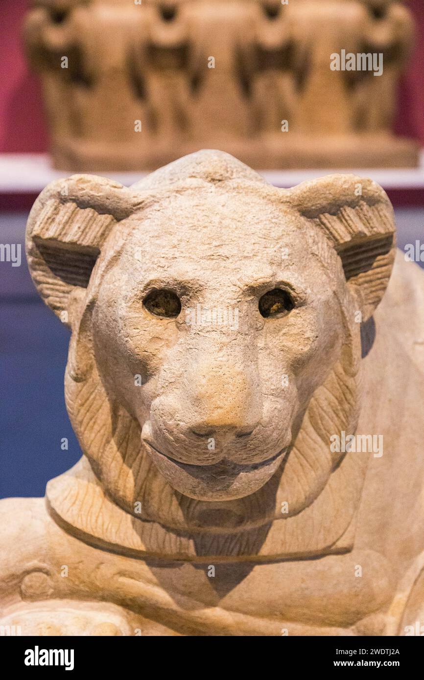 Exhibition 'The animal kingdom in Ancient Egypt', Louvre-Lens, lion statue, from the Serapeum in Saqqara. Stock Photo